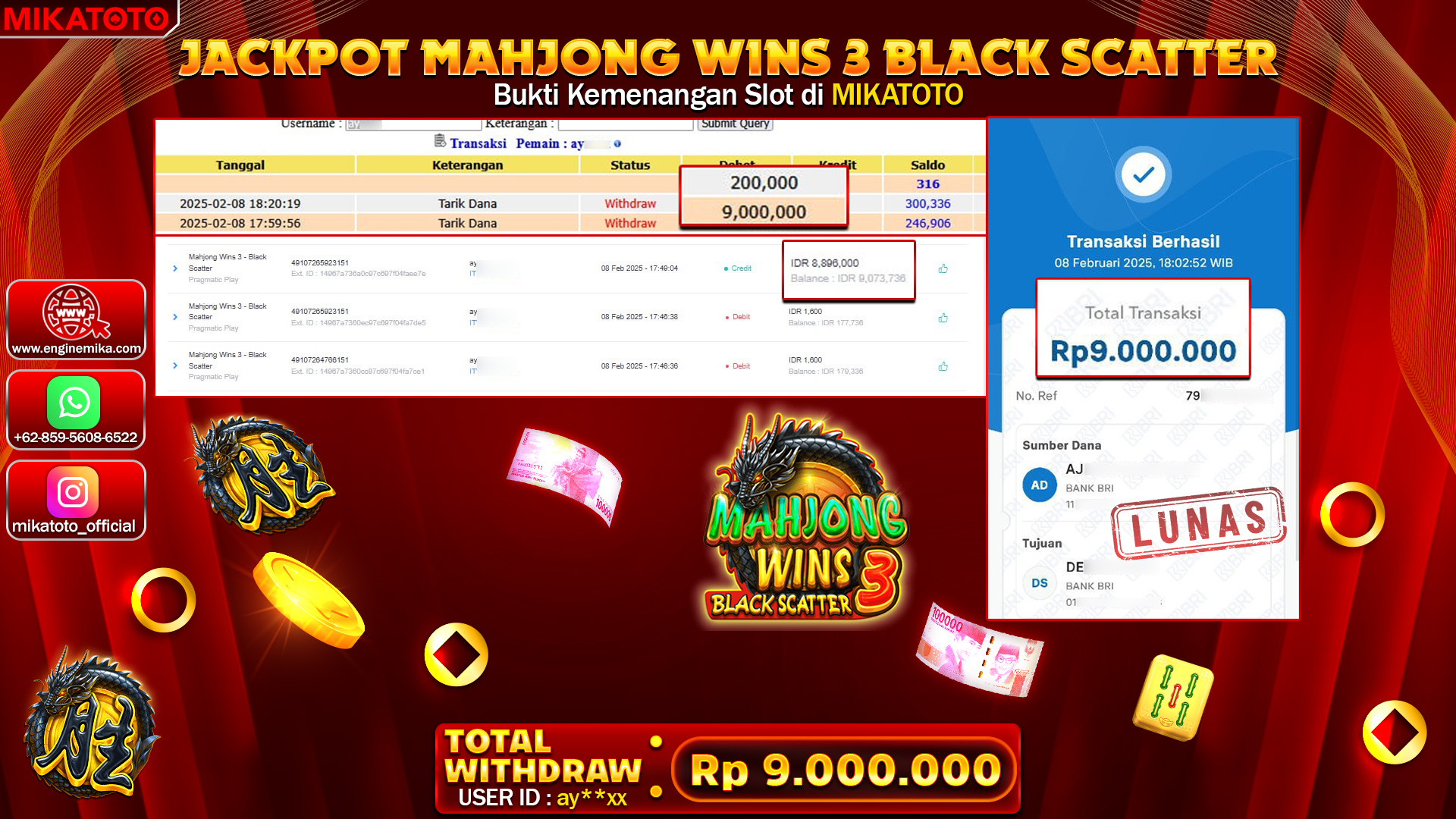 🏆 SELAMAT KEPADA PEMENANG JACKPOT DI Mahjong Wins 3 - Black Scatter Rp.9,000,000🏆