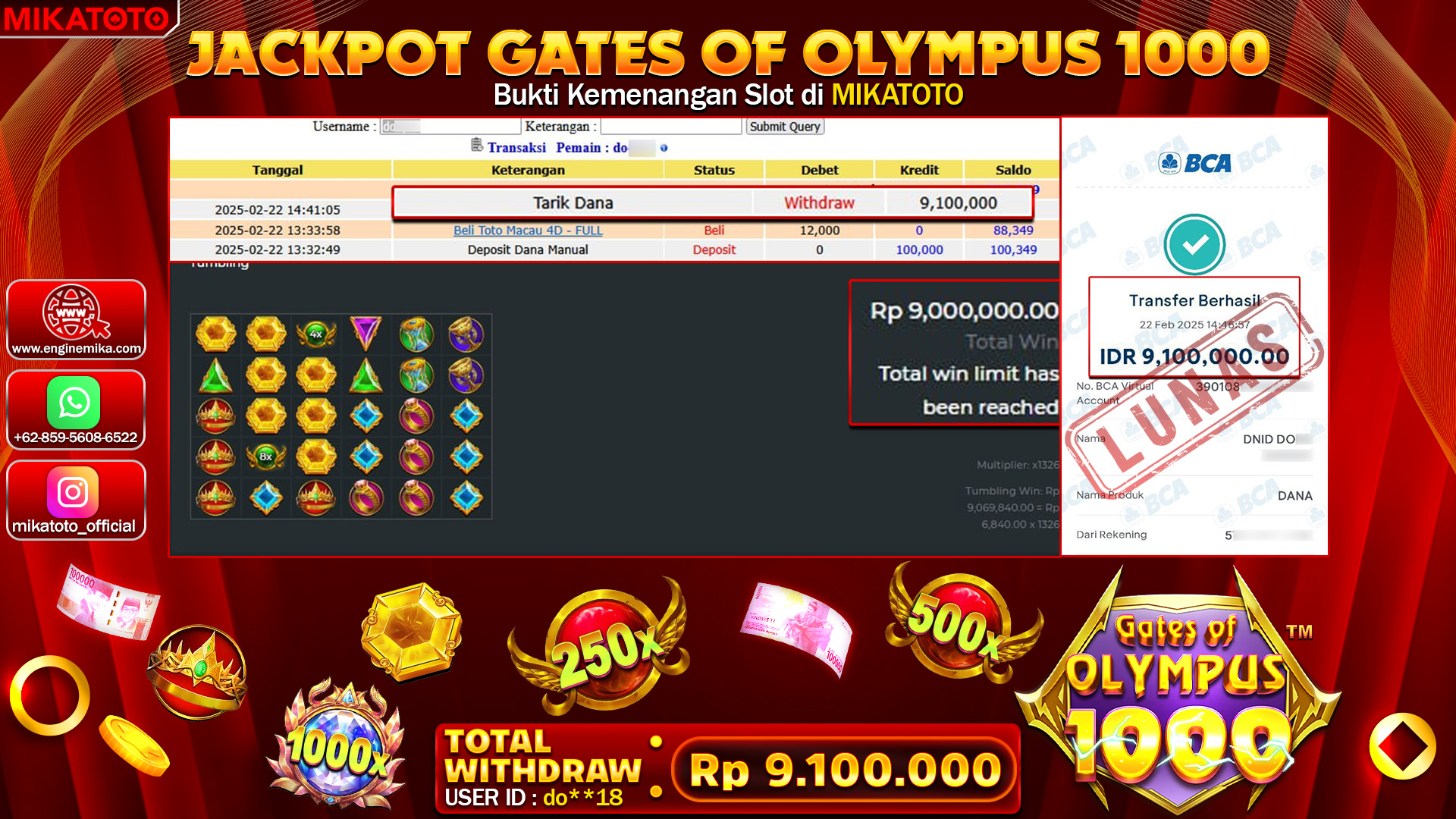 🏆 SELAMAT KEPADA PEMENANG DI Gates Of Olympus 1000 Rp.9,100,000🏆