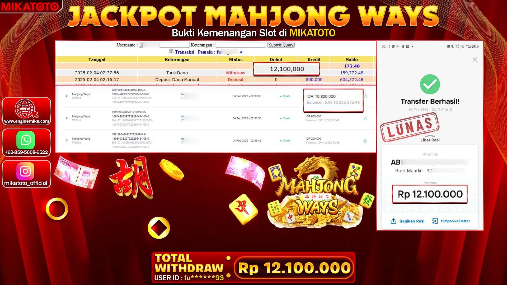 🏆 SELAMAT KEPADA PEMENANG JACKPOT DI MAHJONG WAYS Rp.12,100,000🏆
