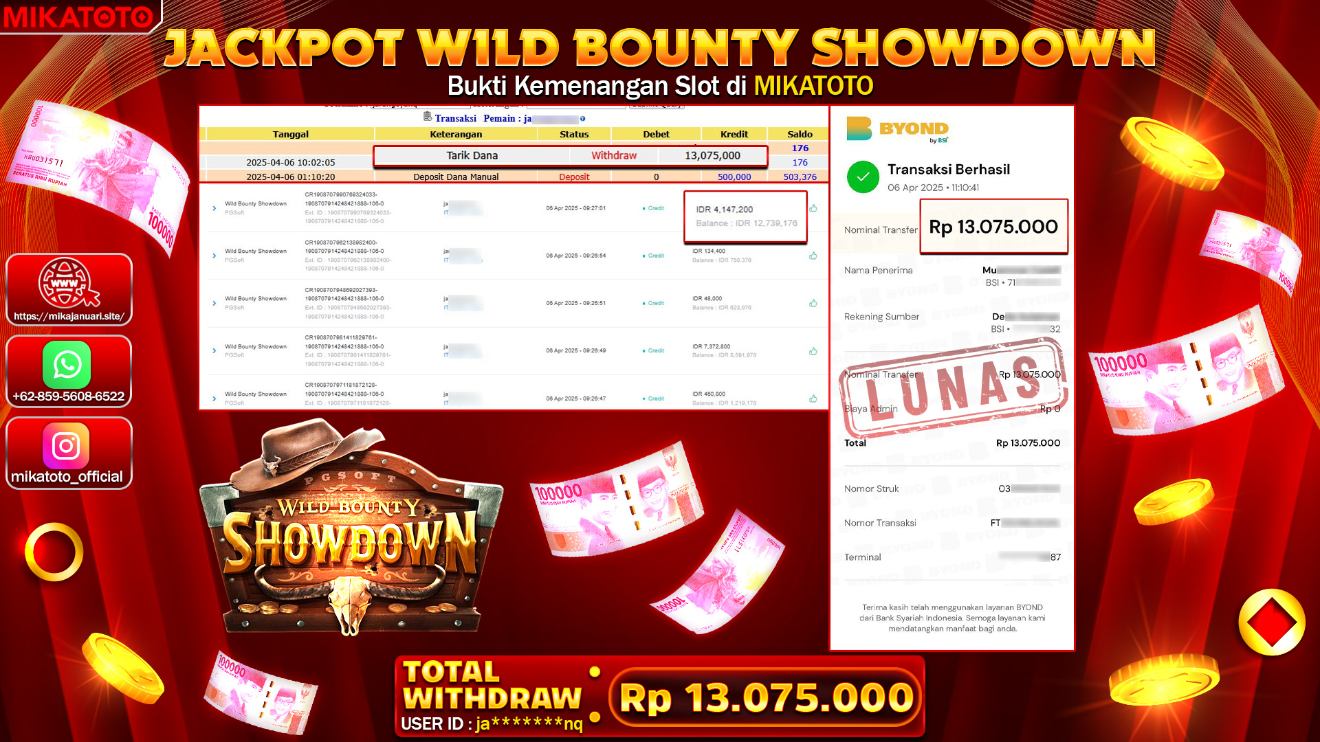 🏆 SELAMAT KEPADA PEMENANG JACKPOT DI Wild Bounty Showdown 13,075,000🏆