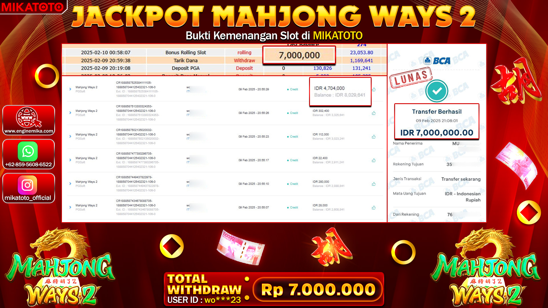 🏆 SELAMAT KEPADA PEMENANG JACKPOT DI MAHJONG WAYS Rp 7.000.000🏆