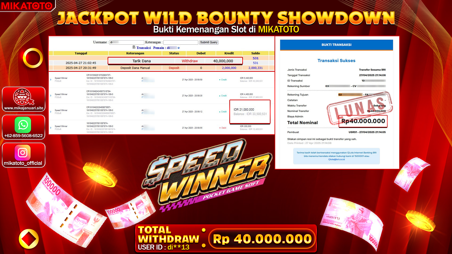 🏆 SELAMAT KEPADA PEMENANG JACKPOT DI SPEED WINNER 40,000,000🏆