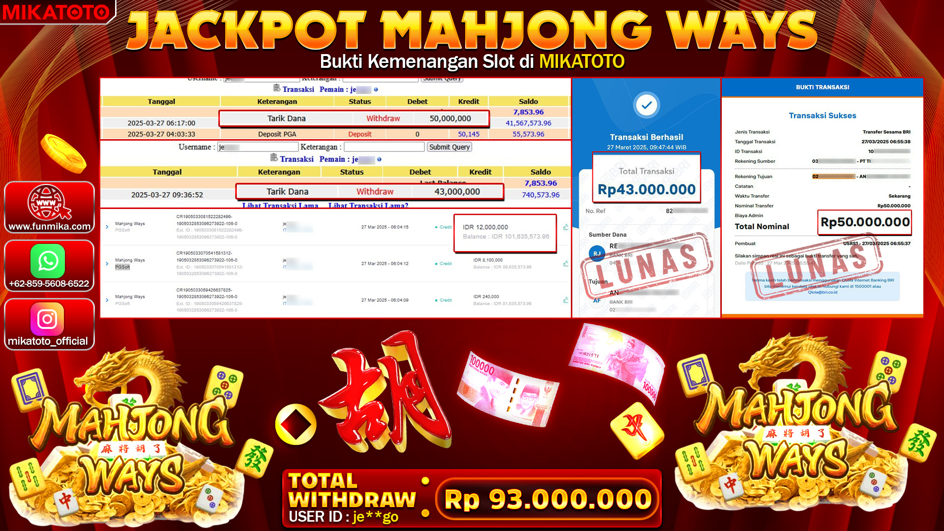 🏆 SELAMAT KEPADA PEMENANG JACKPOT DI Mahjong Ways 93,000,000🏆