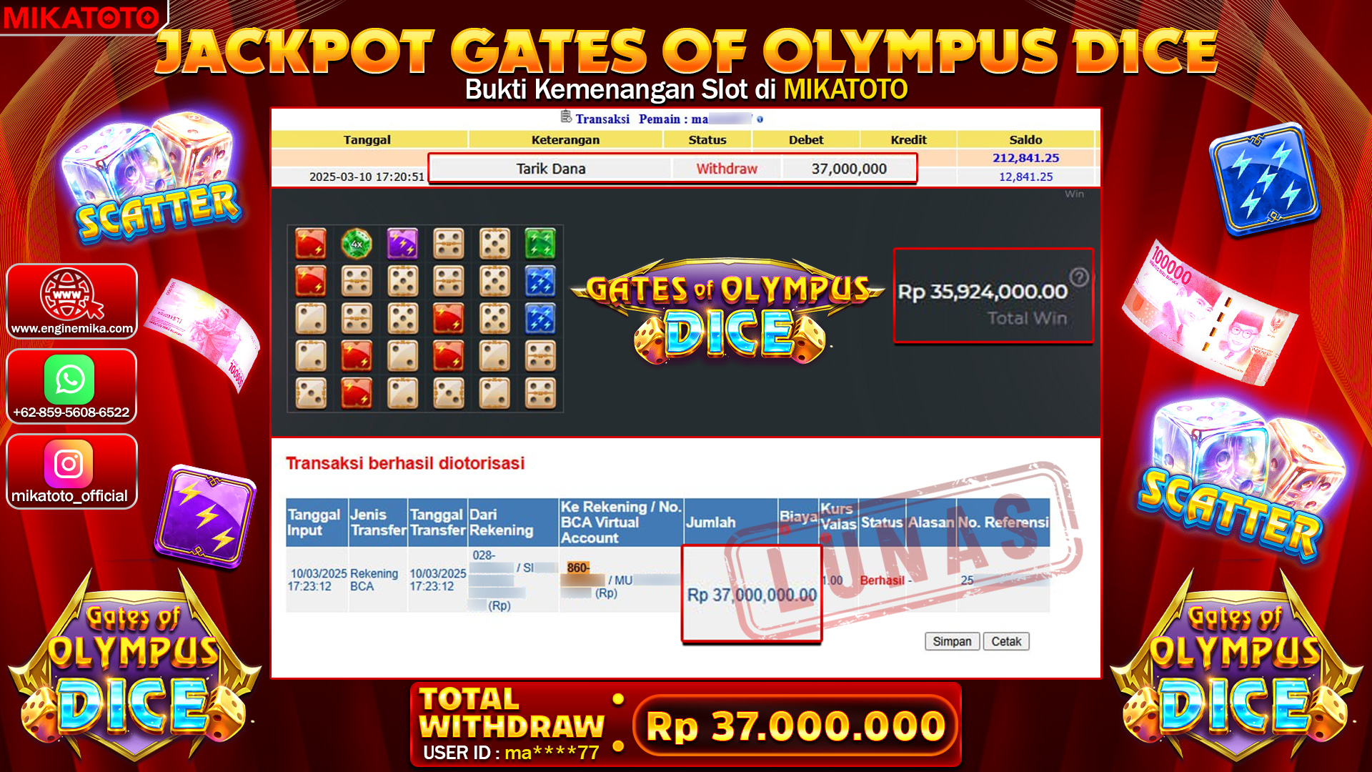 🏆 SELAMAT KEPADA PEMENANG DI Gates Of Olympus Dice Rp.37,000,000🏆