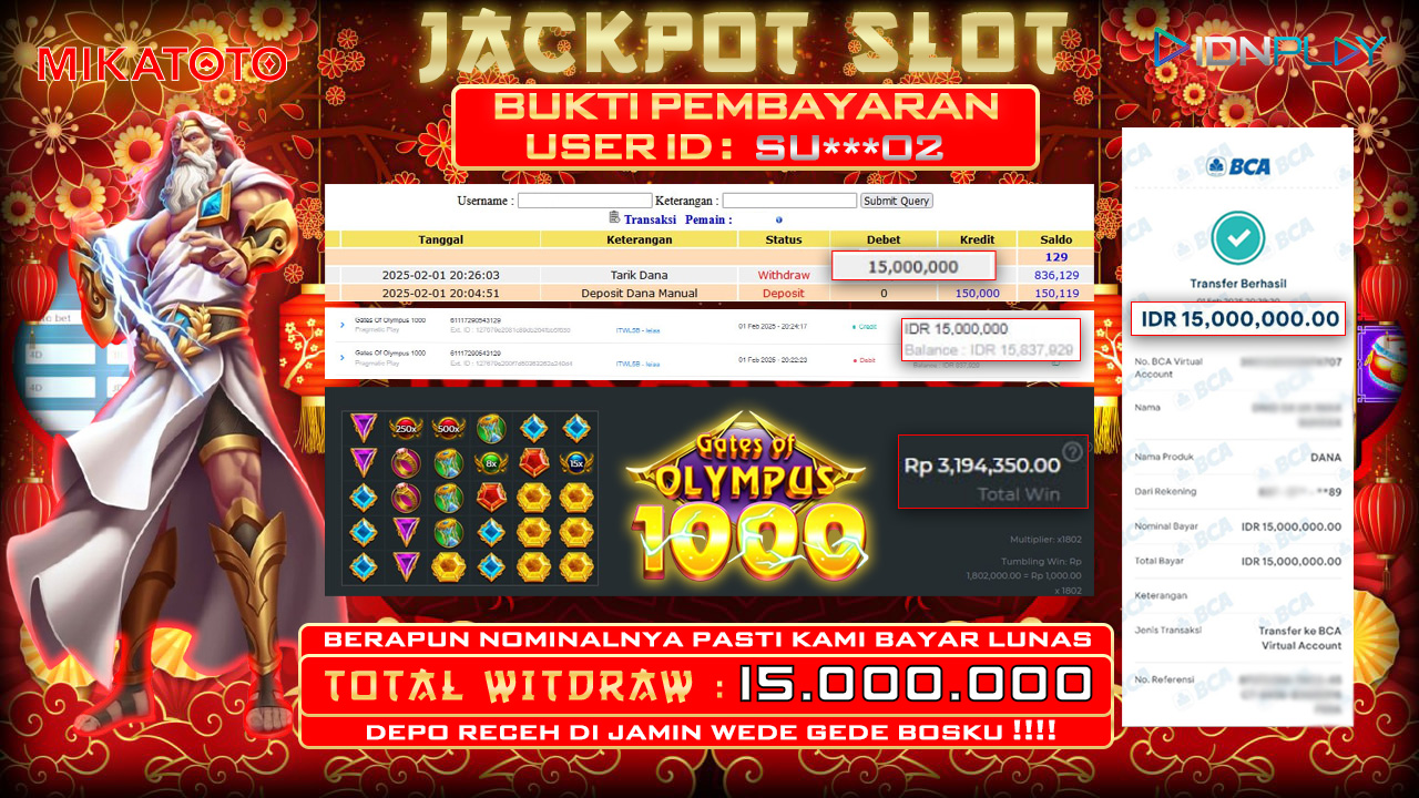 🏆PEMENANG JACKPOT DI Gates Of Olympus 1000 Rp.15,000,000🏆 