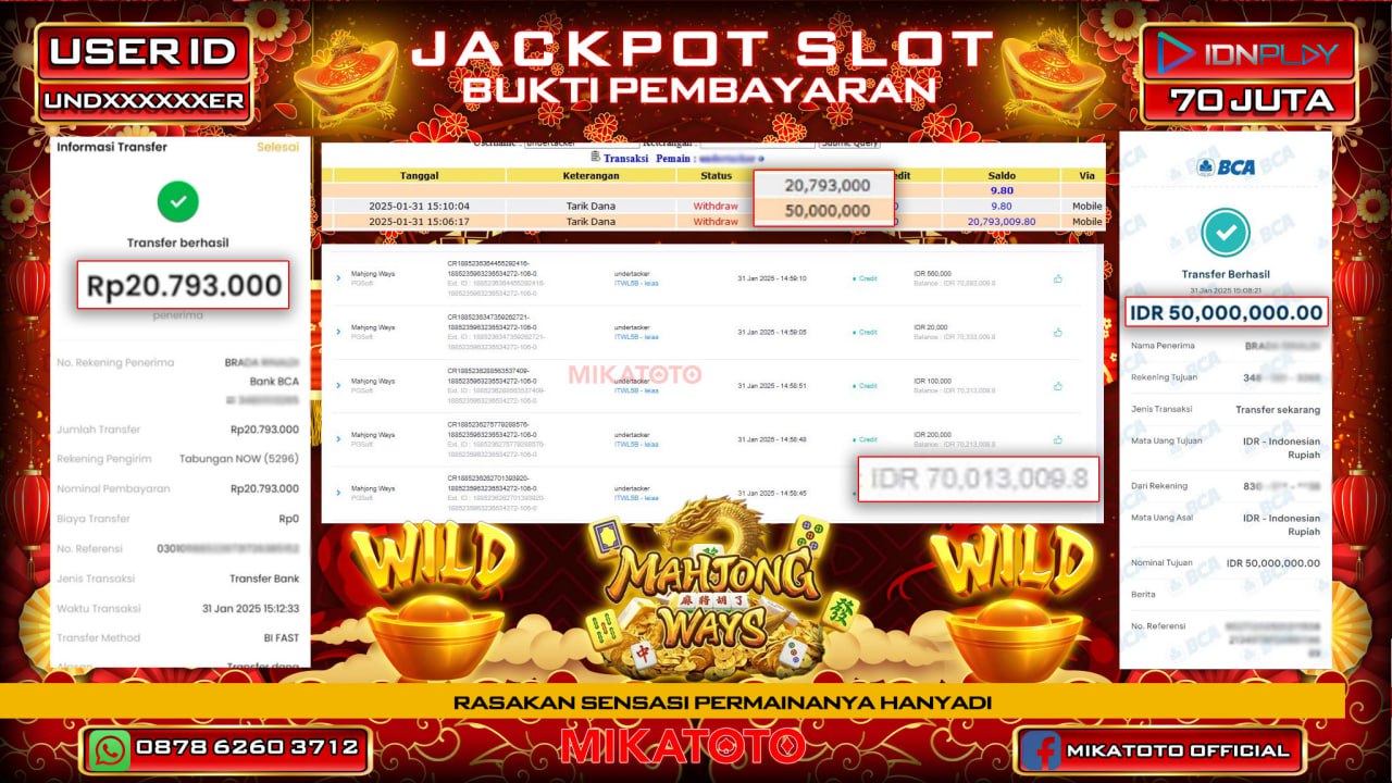 🏆 SELAMAT KEPADA PEMENANG JACKPOT DI Mahyong ways Rp.70.000.000🏆
